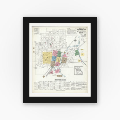 Old map wall art mockup — black gallery frame with white mat — Sanborn Fire Insurance Map from Poplar Bluff, Butler County, Missouri (1917), Sheet #0001