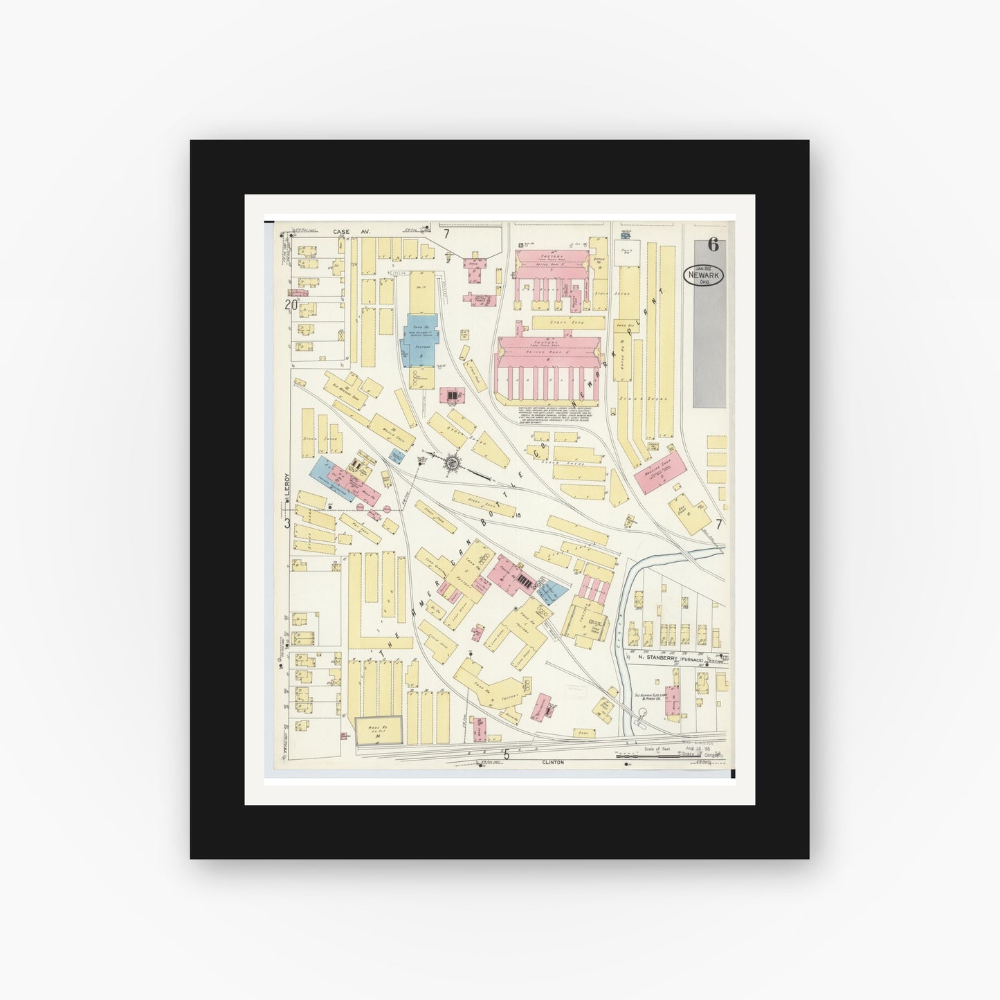 Old map wall art mockup — black gallery frame with white mat — Sanborn Fire Insurance Map from Newark, Licking County, Ohio (1912), Sheet #0006
