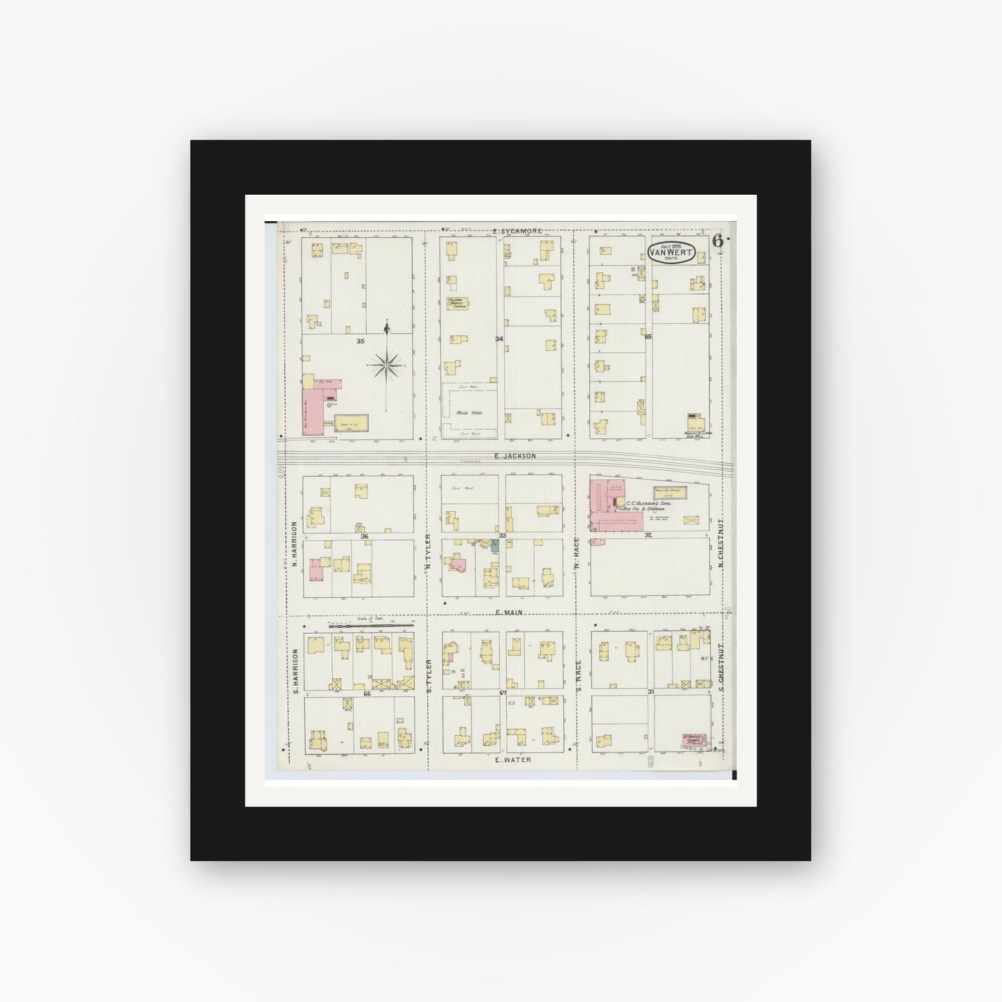 Old map wall art mockup — black gallery frame with white mat — Sanborn Fire Insurance Map from Van Wert, Van Wert County, Ohio (1895), Sheet #0006