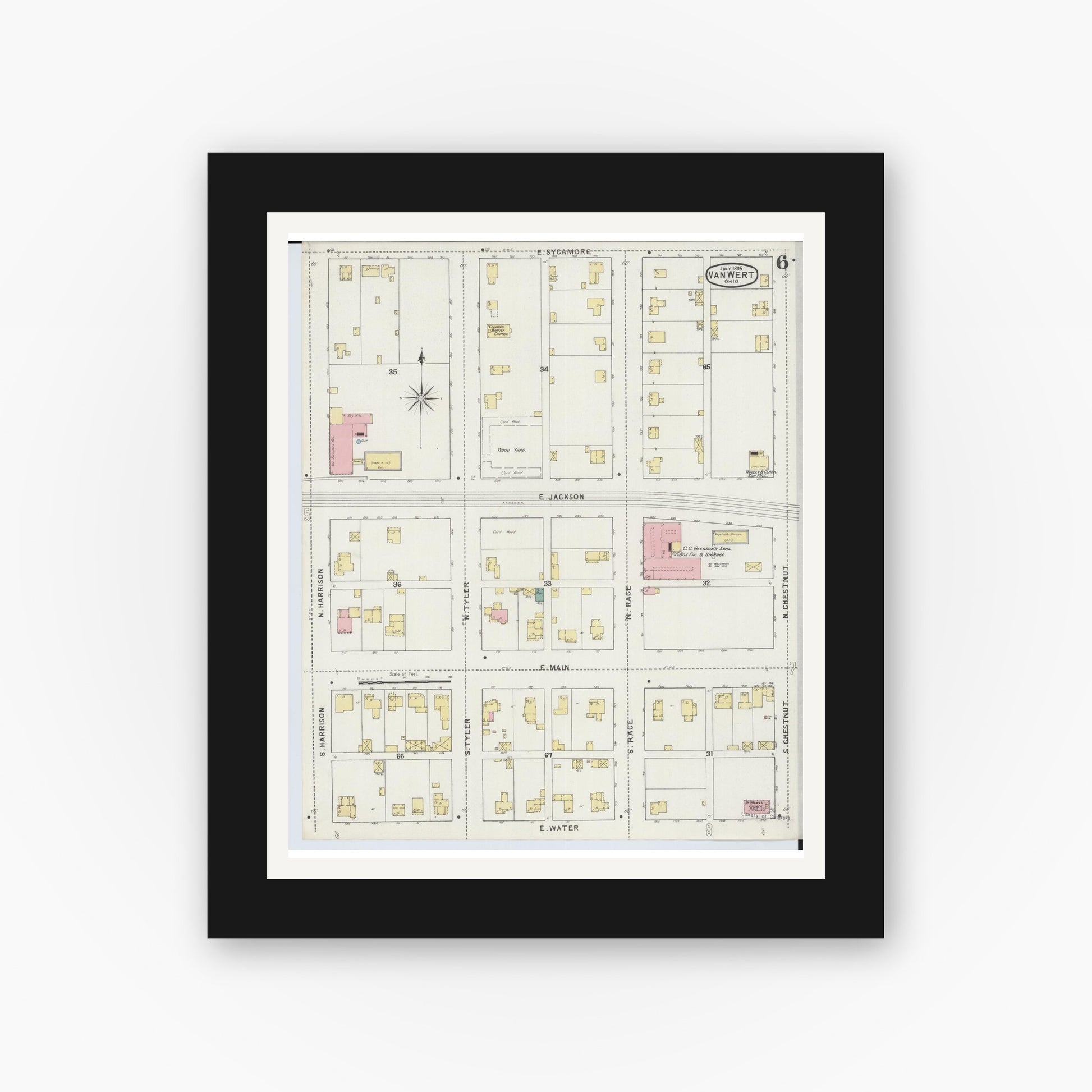 Old map wall art mockup — black gallery frame with white mat — Sanborn Fire Insurance Map from Van Wert, Van Wert County, Ohio (1895), Sheet #0006