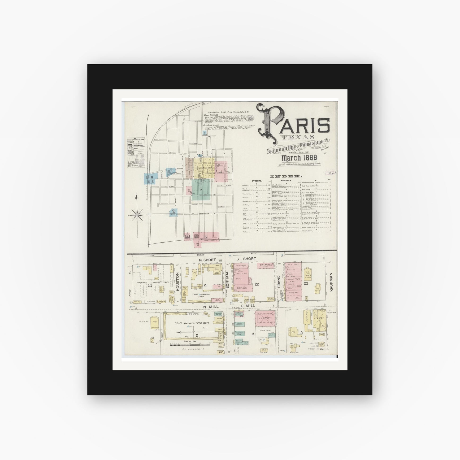Old map wall art mockup — black gallery frame with white mat — Sanborn Fire Insurance Map from Paris, Lamar County, Texas (1888), Sheet #0001