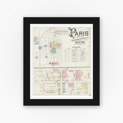 Old map wall art mockup — black gallery frame with white mat — Sanborn Fire Insurance Map from Paris, Lamar County, Texas (1888), Sheet #0001