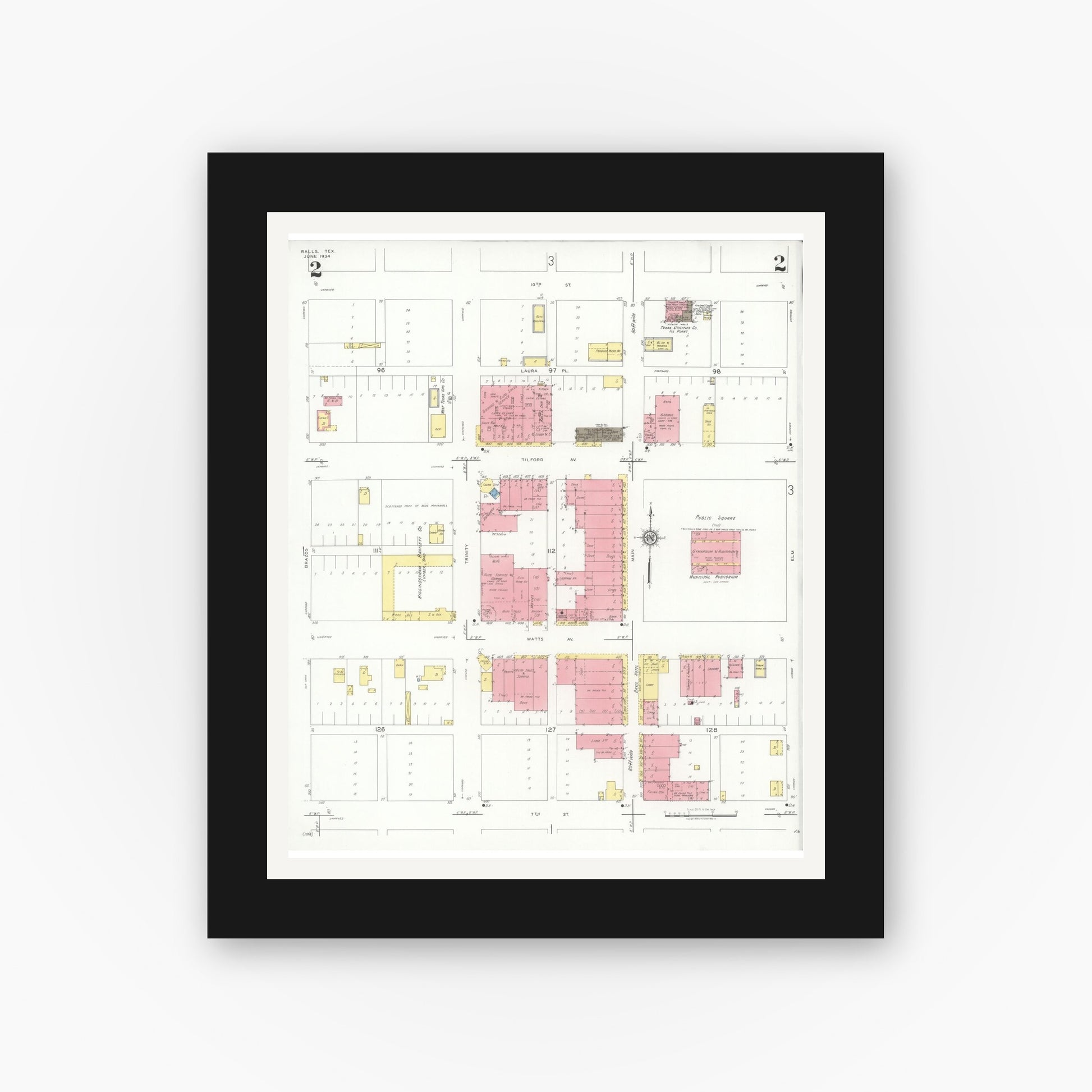 Old map wall art mockup — black gallery frame with white mat — Sanborn Fire Insurance Map from Ralls, Crosby County, Texas (1934), Sheet #0002