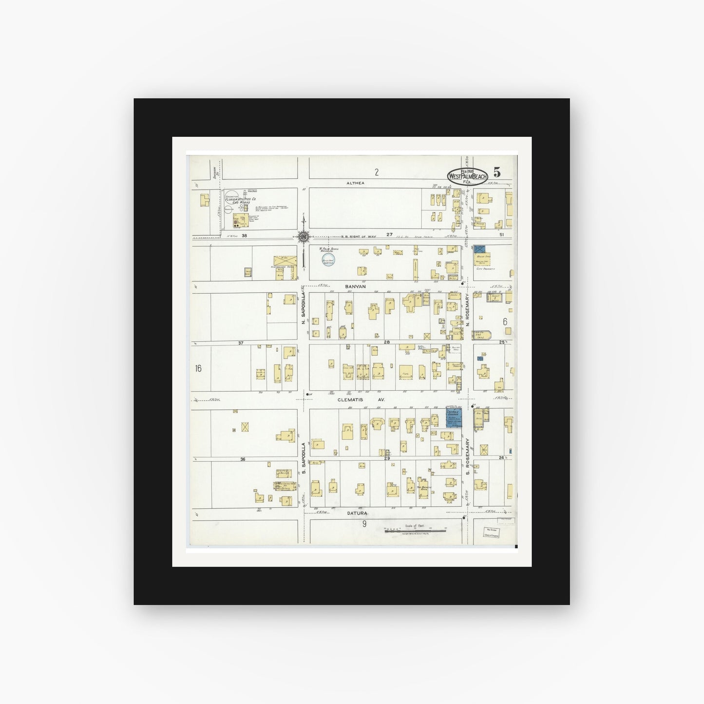 Old map wall art mockup — black gallery frame with white mat — Sanborn Fire Insurance Map from West Palm Beach, Dade County, Florida (1920), Sheet #0005