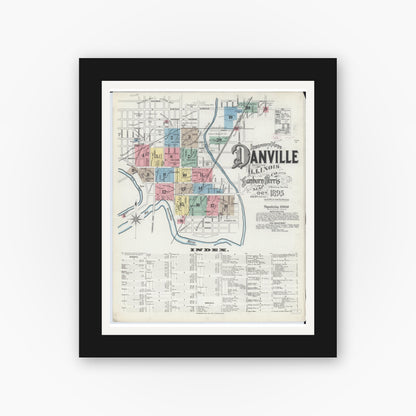 Old map wall art mockup — black gallery frame with white mat — Sanborn Fire Insurance Map from Danville, Vermilion County, Illinois (1895) - Complete Map Set