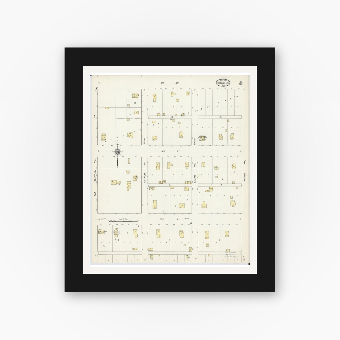Old map wall art mockup — black gallery frame with white mat — Sanborn Fire Insurance Map from Fosston, Polk County, Minnesota (1913), Sheet #0004