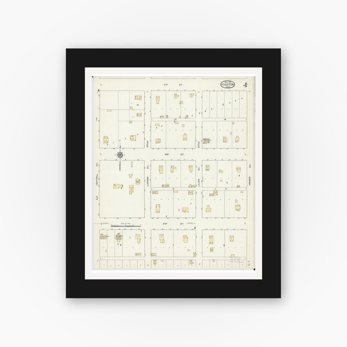 Old map wall art mockup — black gallery frame with white mat — Sanborn Fire Insurance Map from Fosston, Polk County, Minnesota (1913), Sheet #0004