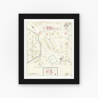 Old map wall art mockup — black gallery frame with white mat — Sanborn Fire Insurance Map from Mount Pleasant, Westmoreland County, Pennsylvania (1914), Sheet #0008