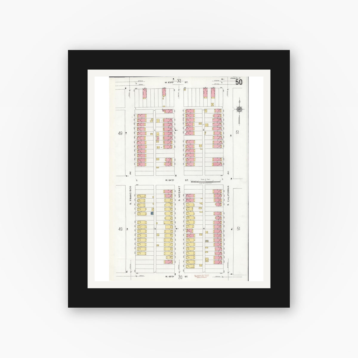 Old map wall art mockup — black gallery frame with white mat — Sanborn Fire Insurance Map from Chicago, Cook County, Illinois (1920), Sheet #0050