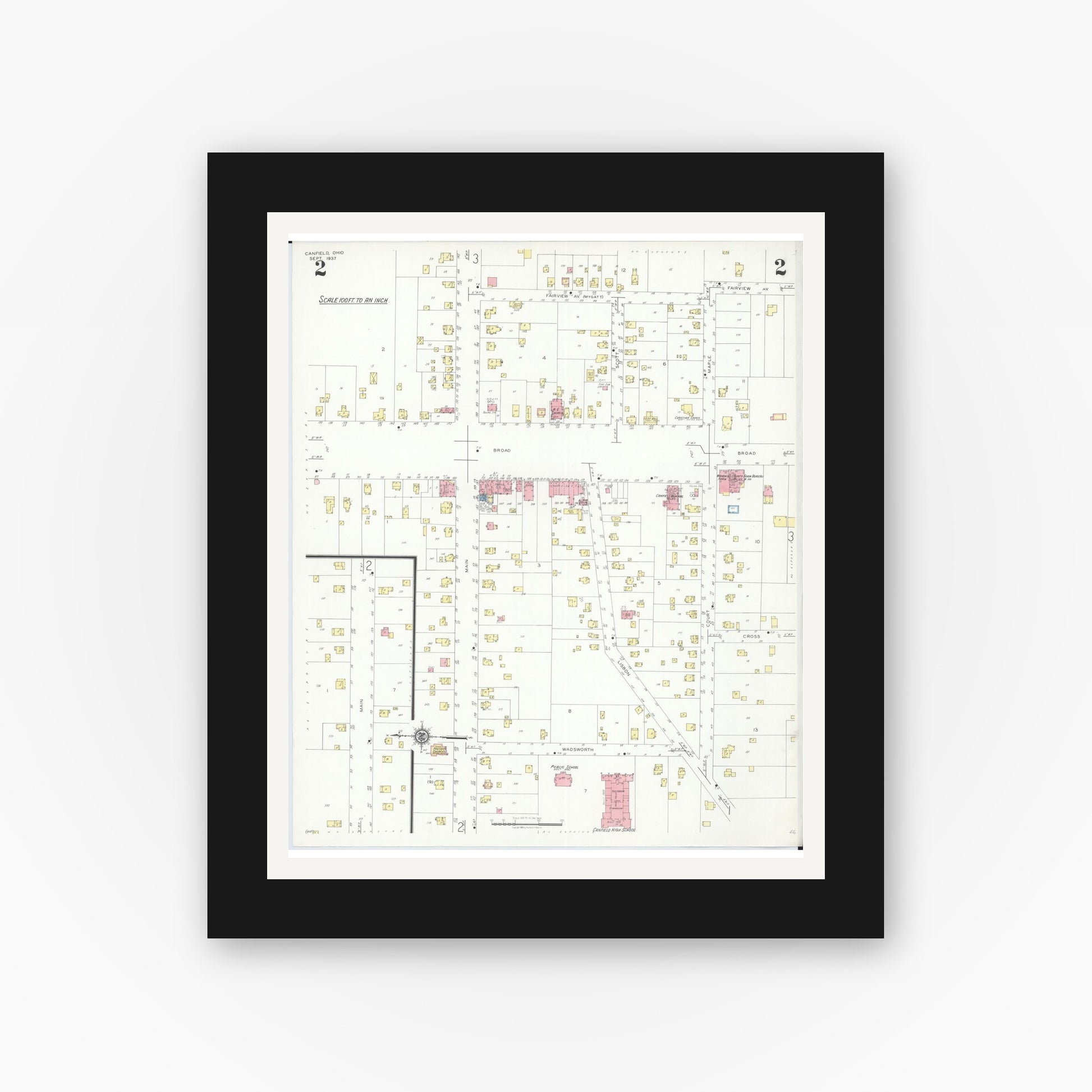 Old map wall art mockup — black gallery frame with white mat — Sanborn Fire Insurance Map from Canfield, Mahoning County, Ohio (1937), Sheet #0002