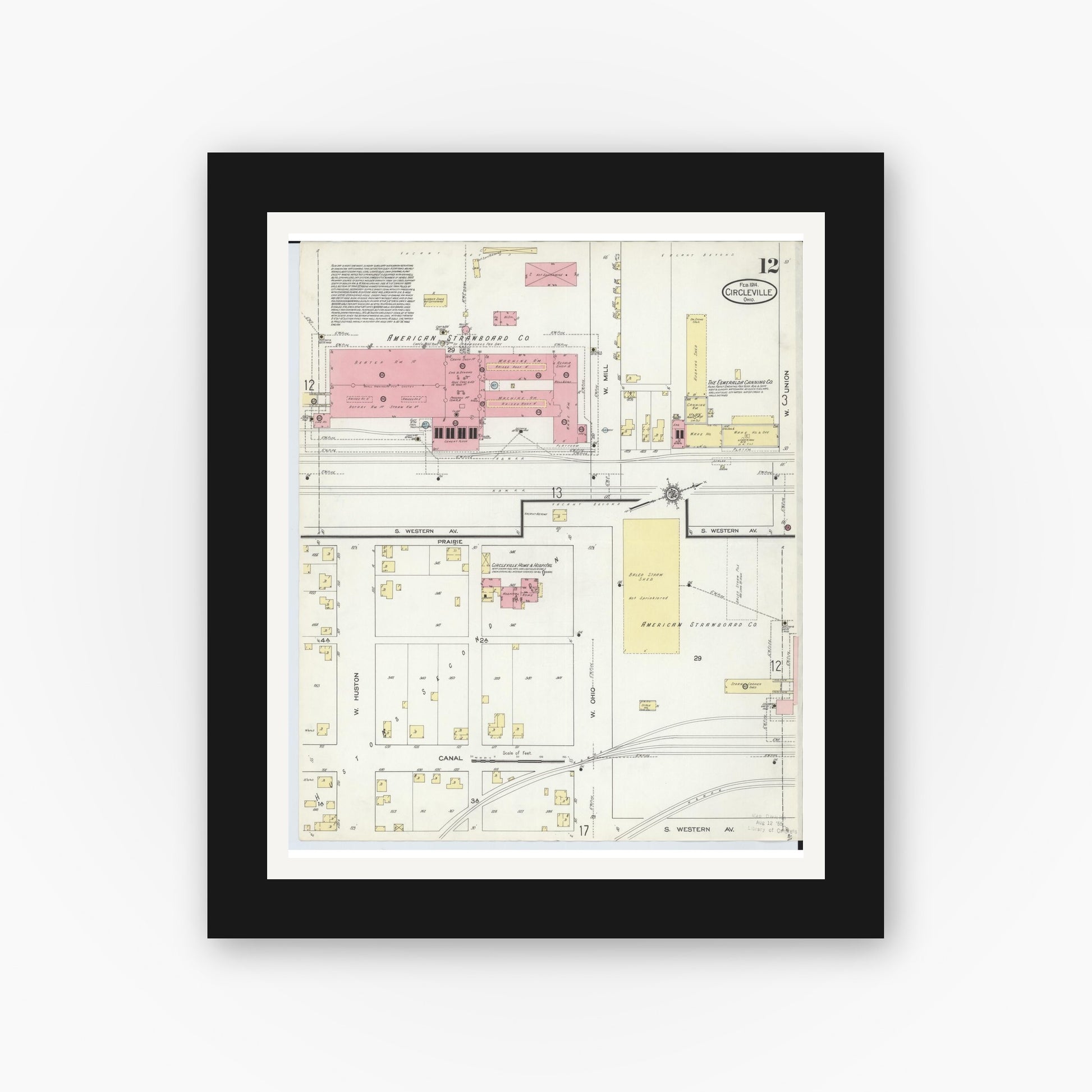 Old map wall art mockup — black gallery frame with white mat — Sanborn Fire Insurance Map from Circleville, Pickaway County, Ohio (1914), Sheet #0012