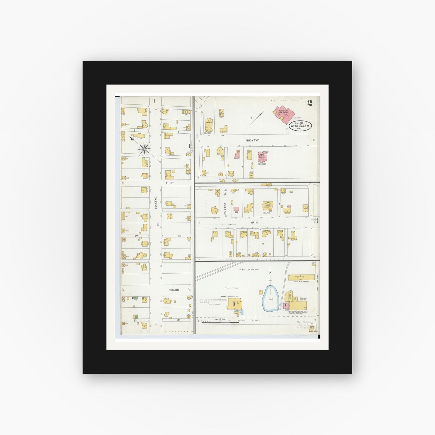 Old map wall art mockup — black gallery frame with white mat — Sanborn Fire Insurance Map from West Salem, Wayne County, Ohio (1904), Sheet #0002