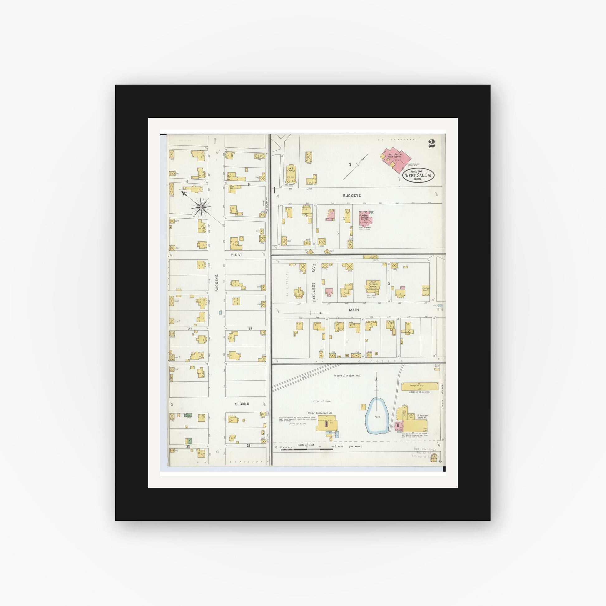 Old map wall art mockup — black gallery frame with white mat — Sanborn Fire Insurance Map from West Salem, Wayne County, Ohio (1904), Sheet #0002