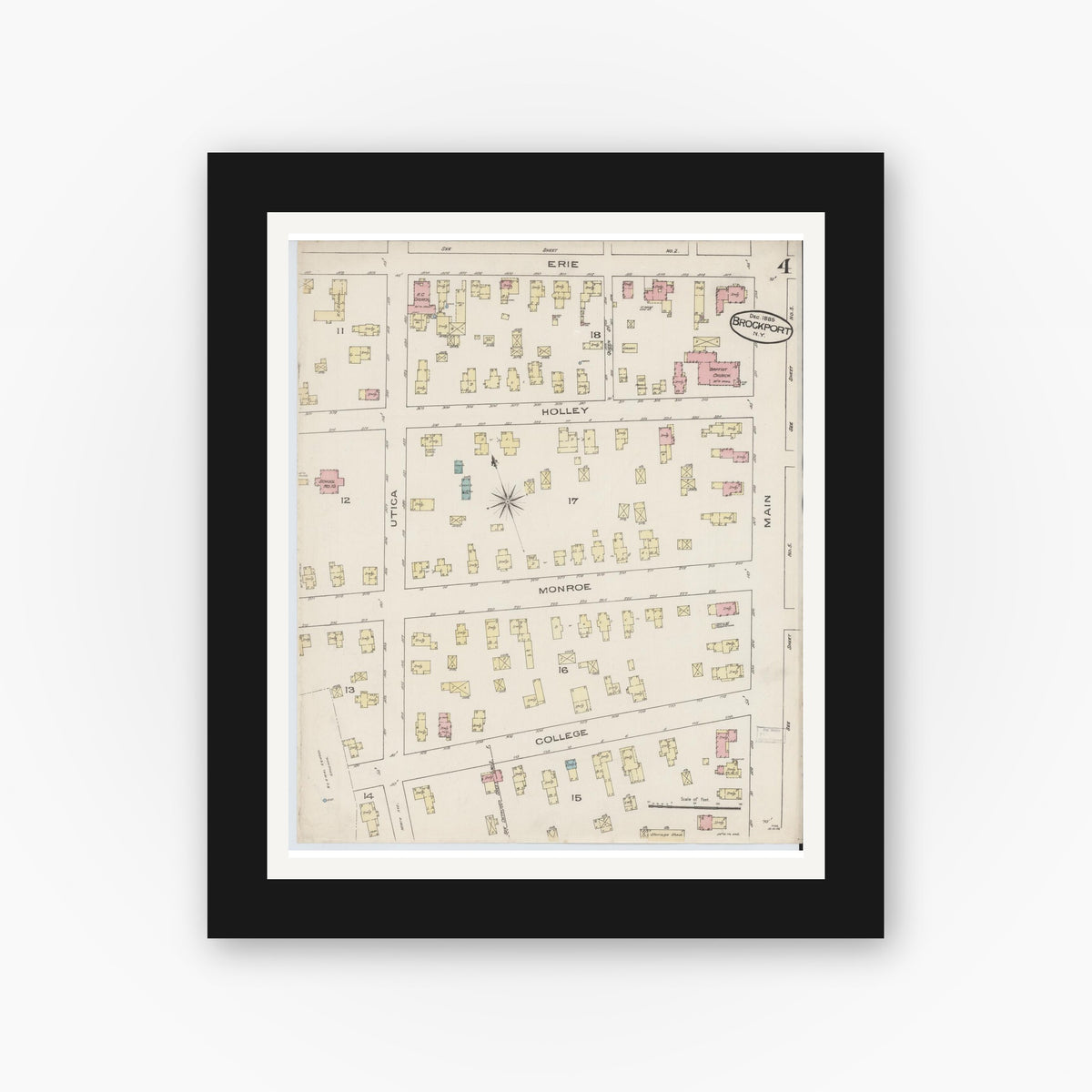 Old map wall art mockup — black gallery frame with white mat — Sanborn Fire Insurance Map from Brockport, Monroe County, New York (1885), Sheet #0004