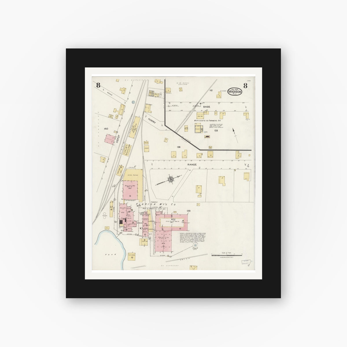 Old map wall art mockup — black gallery frame with white mat — Sanborn Fire Insurance Map from Madison, Madison County, Florida (1924), Sheet #0008