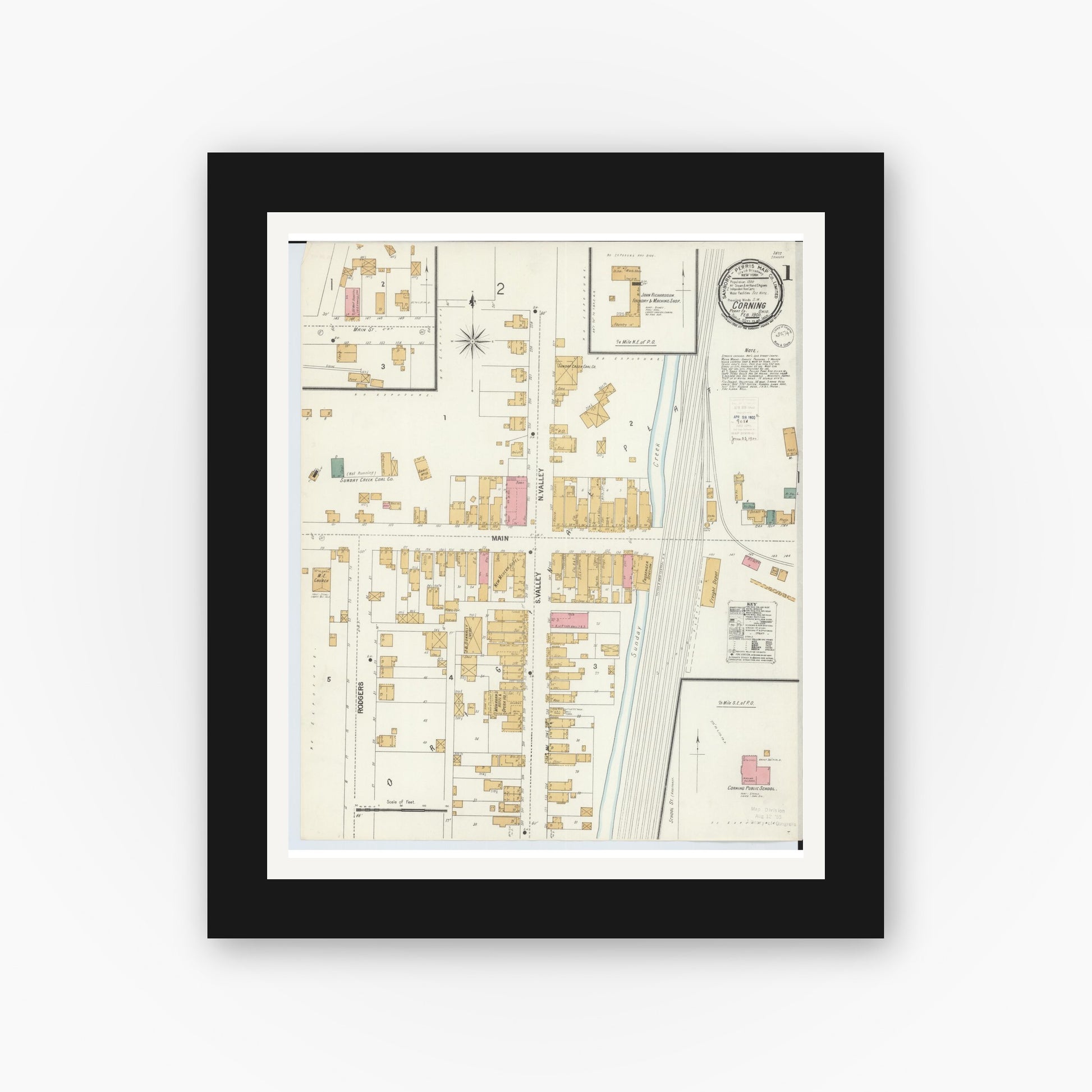 Old map wall art mockup — black gallery frame with white mat — Sanborn Fire Insurance Map from Corning, Perry County, Ohio (1900), Sheet #0001