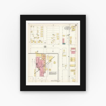 Old map wall art mockup — black gallery frame with white mat — Sanborn Fire Insurance Map from Lincoln, Placer County, California (1893), Sheet #0002