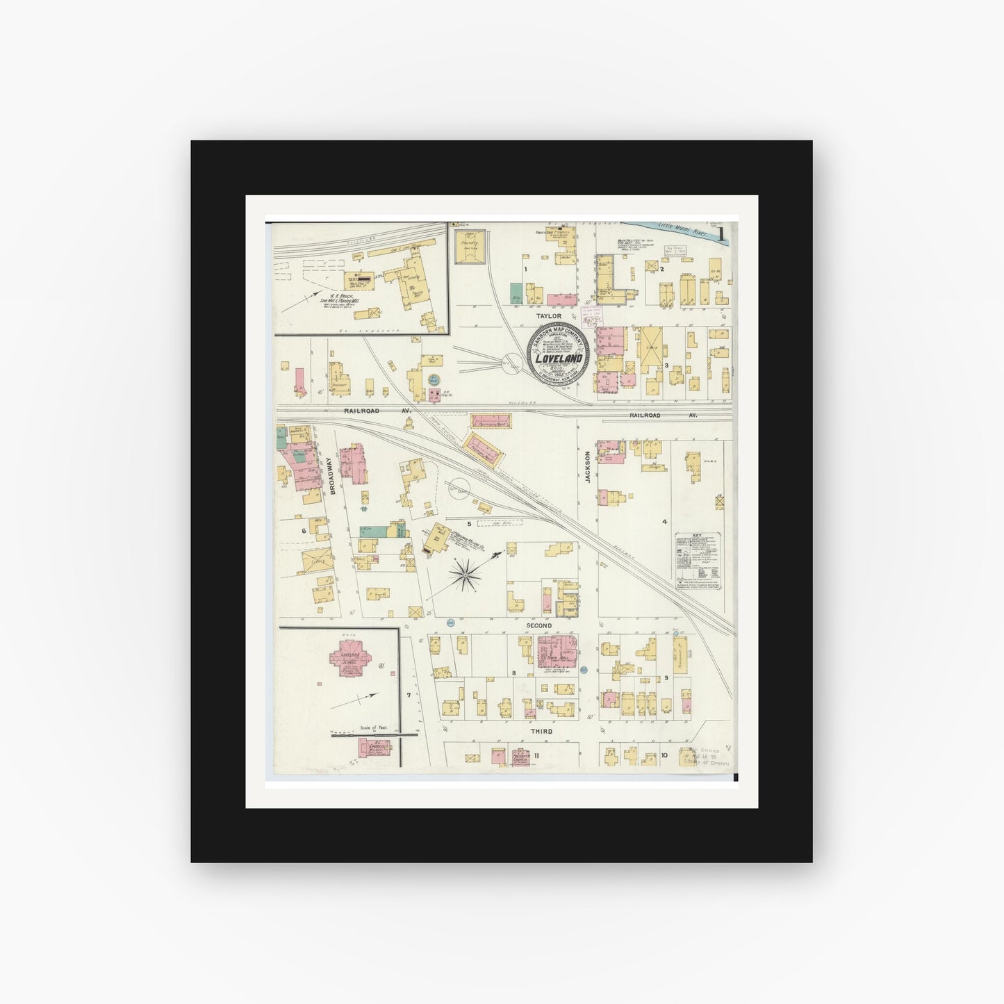 Old map wall art mockup — black gallery frame with white mat — Sanborn Fire Insurance Map from Loveland, Clermont, Hamilton, And Warren County, Ohio (1905) - Complete Map Set