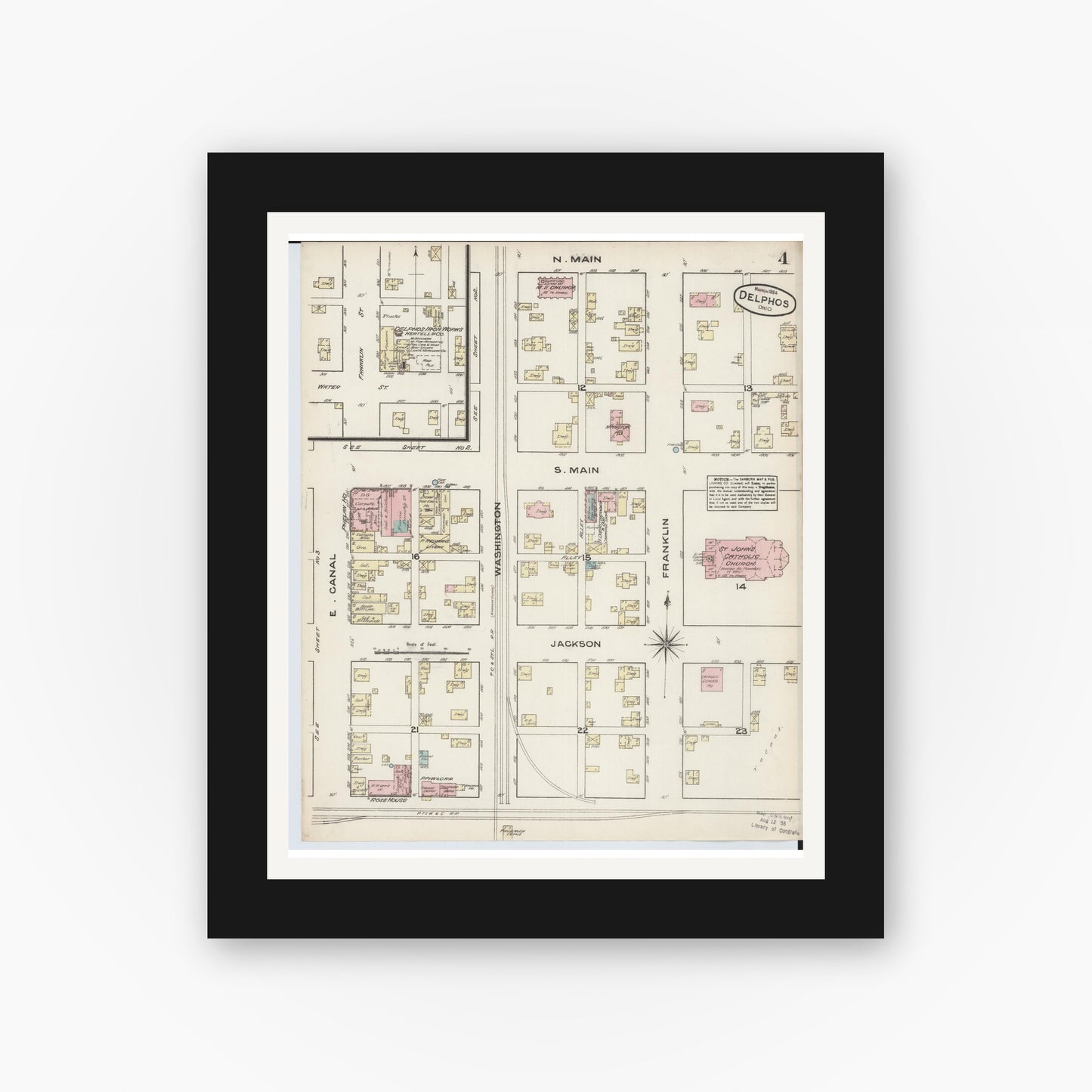 Old map wall art mockup — black gallery frame with white mat — Sanborn Fire Insurance Map from Delphos, Van Wert And Allen Counties, Ohio (1884), Sheet #0004