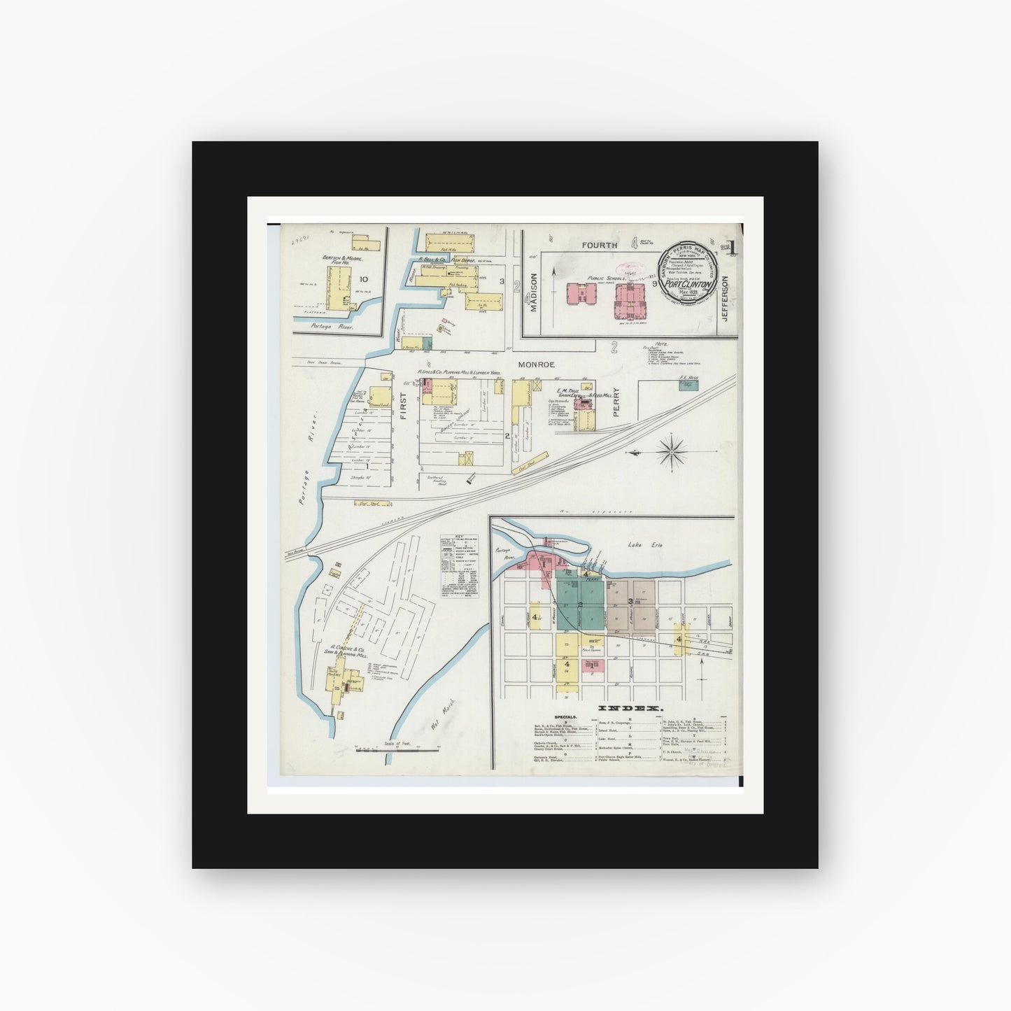 Old map wall art mockup — black gallery frame with white mat — Sanborn Fire Insurance Map from Port Clinton, Ottawa County, Ohio (1893), Sheet #0001