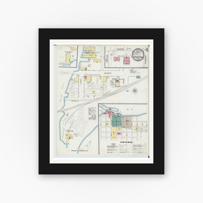 Old map wall art mockup — black gallery frame with white mat — Sanborn Fire Insurance Map from Port Clinton, Ottawa County, Ohio (1893), Sheet #0001