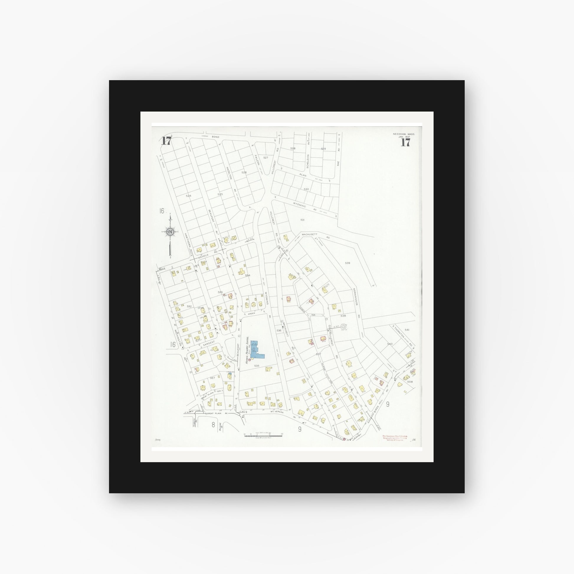Old map wall art mockup — black gallery frame with white mat — Sanborn Fire Insurance Map from Needham, Norfolk County, Massachusetts (1937), Sheet #0017