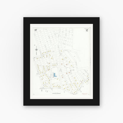Old map wall art mockup — black gallery frame with white mat — Sanborn Fire Insurance Map from Needham, Norfolk County, Massachusetts (1937), Sheet #0017