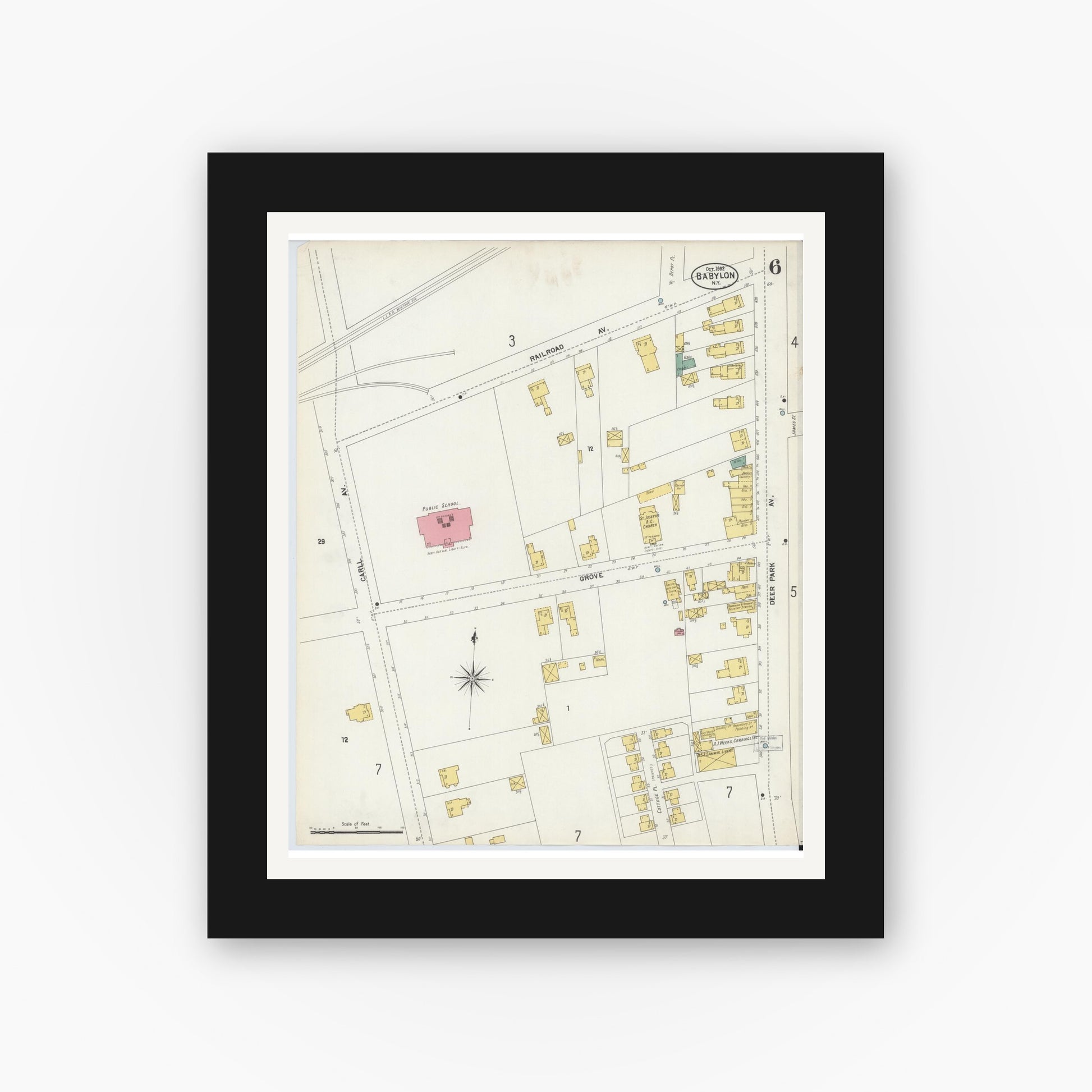 Old map wall art mockup — black gallery frame with white mat — Sanborn Fire Insurance Map from Babylon, Suffolk County, New York (1902), Sheet #0006