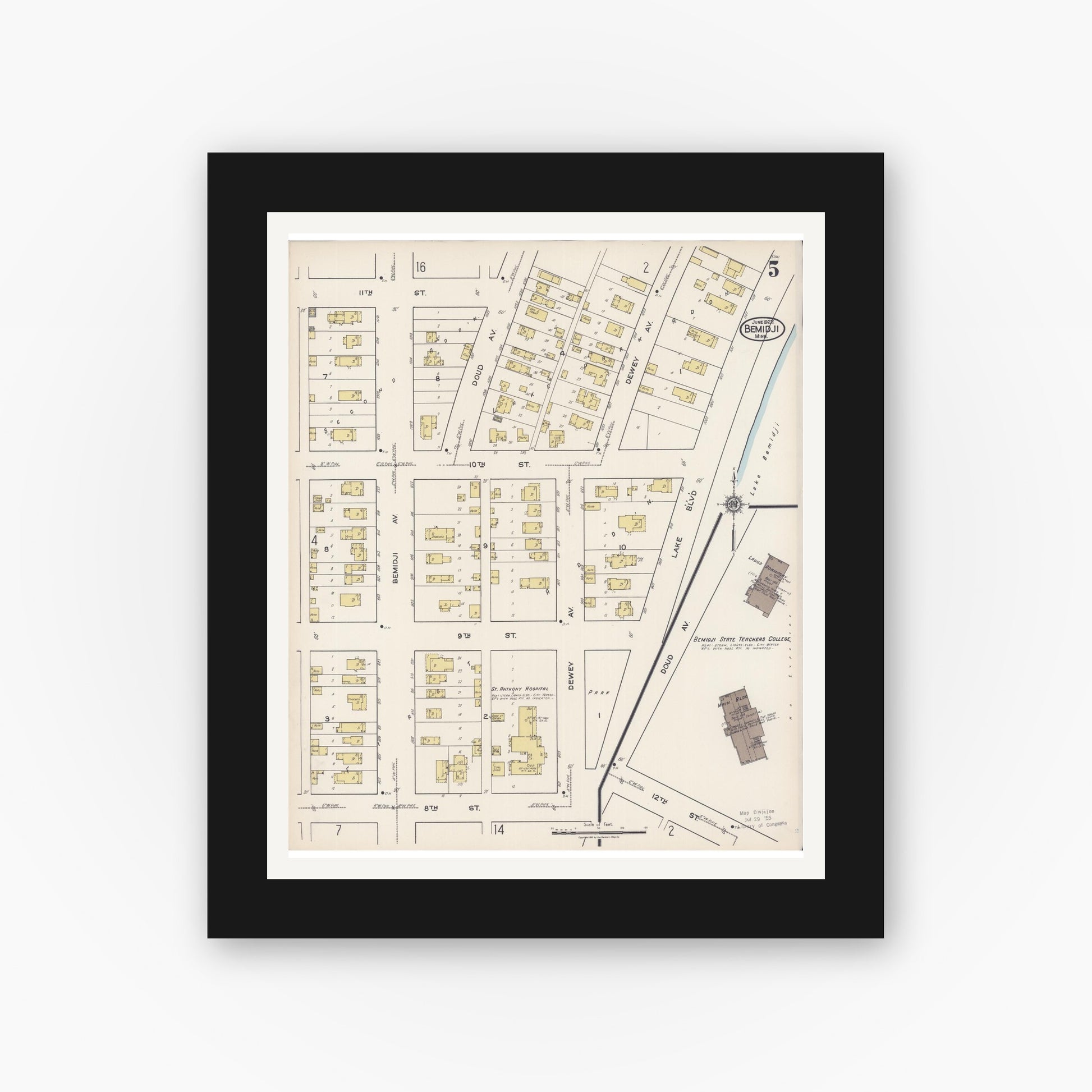 Old map wall art mockup — black gallery frame with white mat — Sanborn Fire Insurance Map from Bemidji, Beltrami County, Minnesota (1922), Sheet #0005