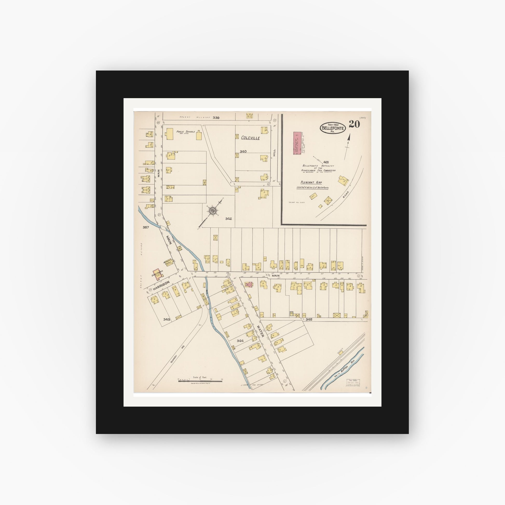 Old map wall art mockup — black gallery frame with white mat — Sanborn Fire Insurance Map from Bellefonte, Centre County, Pennsylvania (1922), Sheet #0020