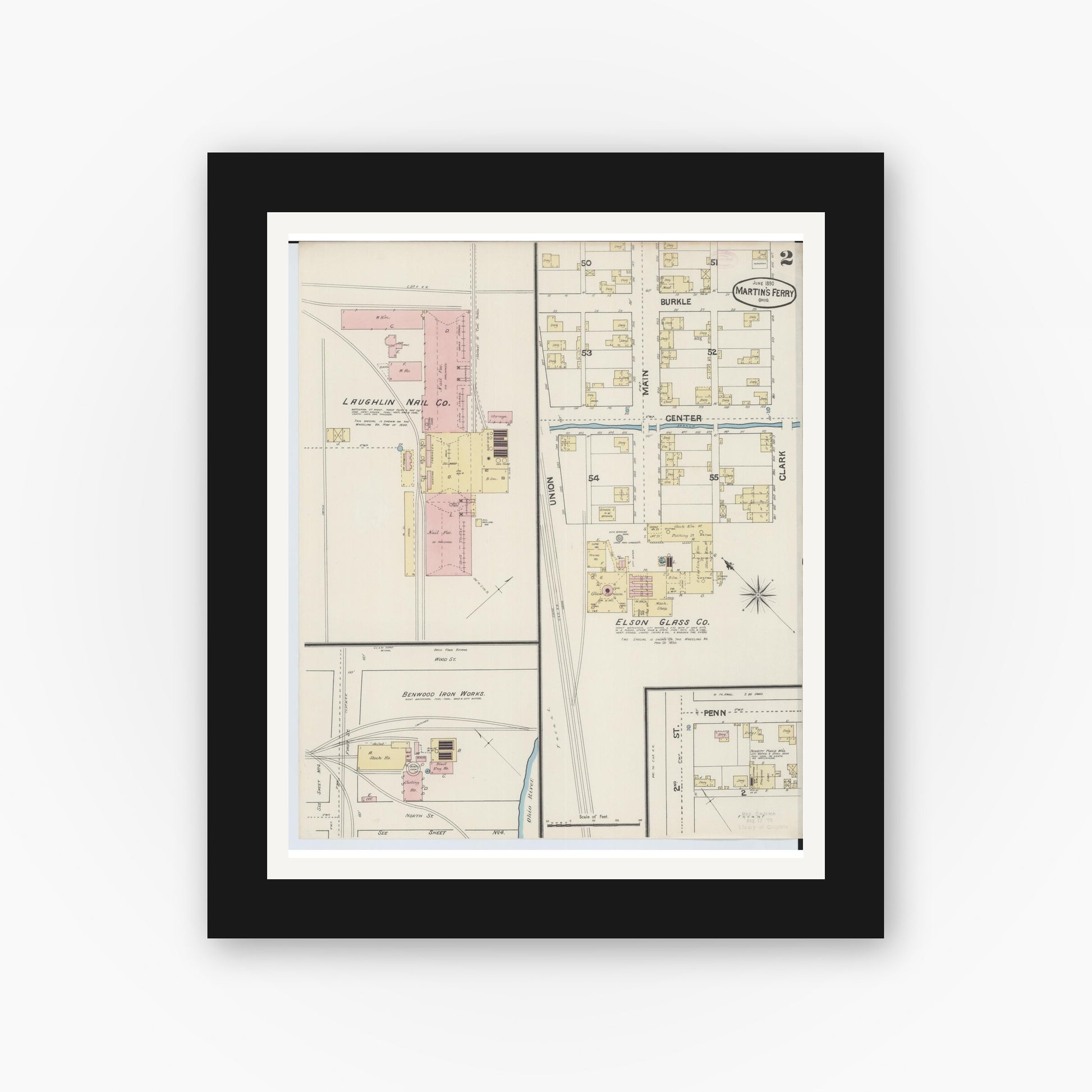 Old map wall art mockup — black gallery frame with white mat — Sanborn Fire Insurance Map from Martins Ferry, Belmont County, Ohio (1890), Sheet #0002