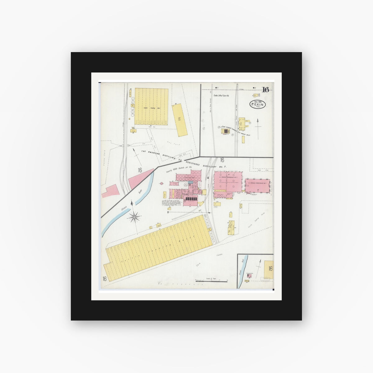 Old map wall art mockup — black gallery frame with white mat — Sanborn Fire Insurance Map from Pekin, Tazewell County, Illinois (1903), Sheet #0016
