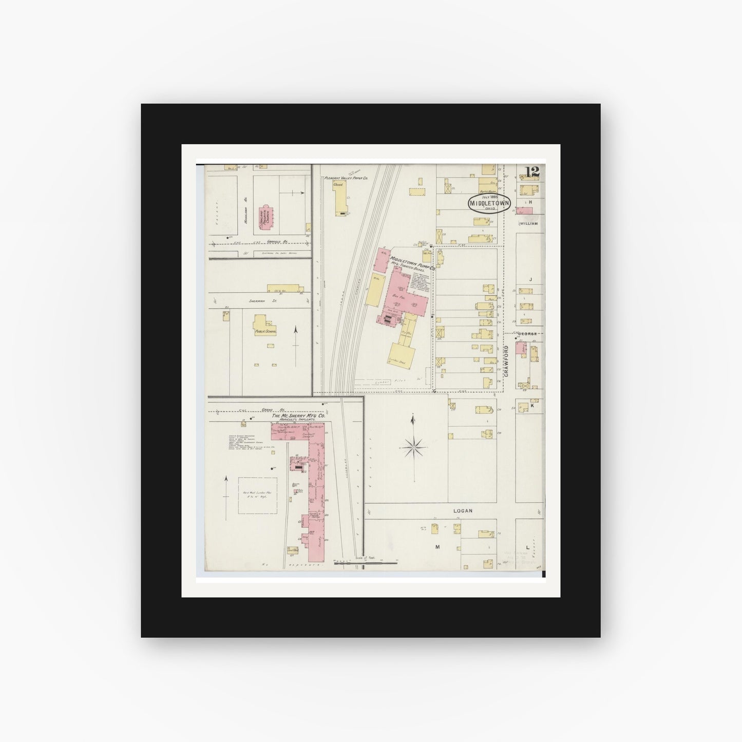 Old map wall art mockup — black gallery frame with white mat — Sanborn Fire Insurance Map from Middletown, Butler County, Ohio (1895), Sheet #0012