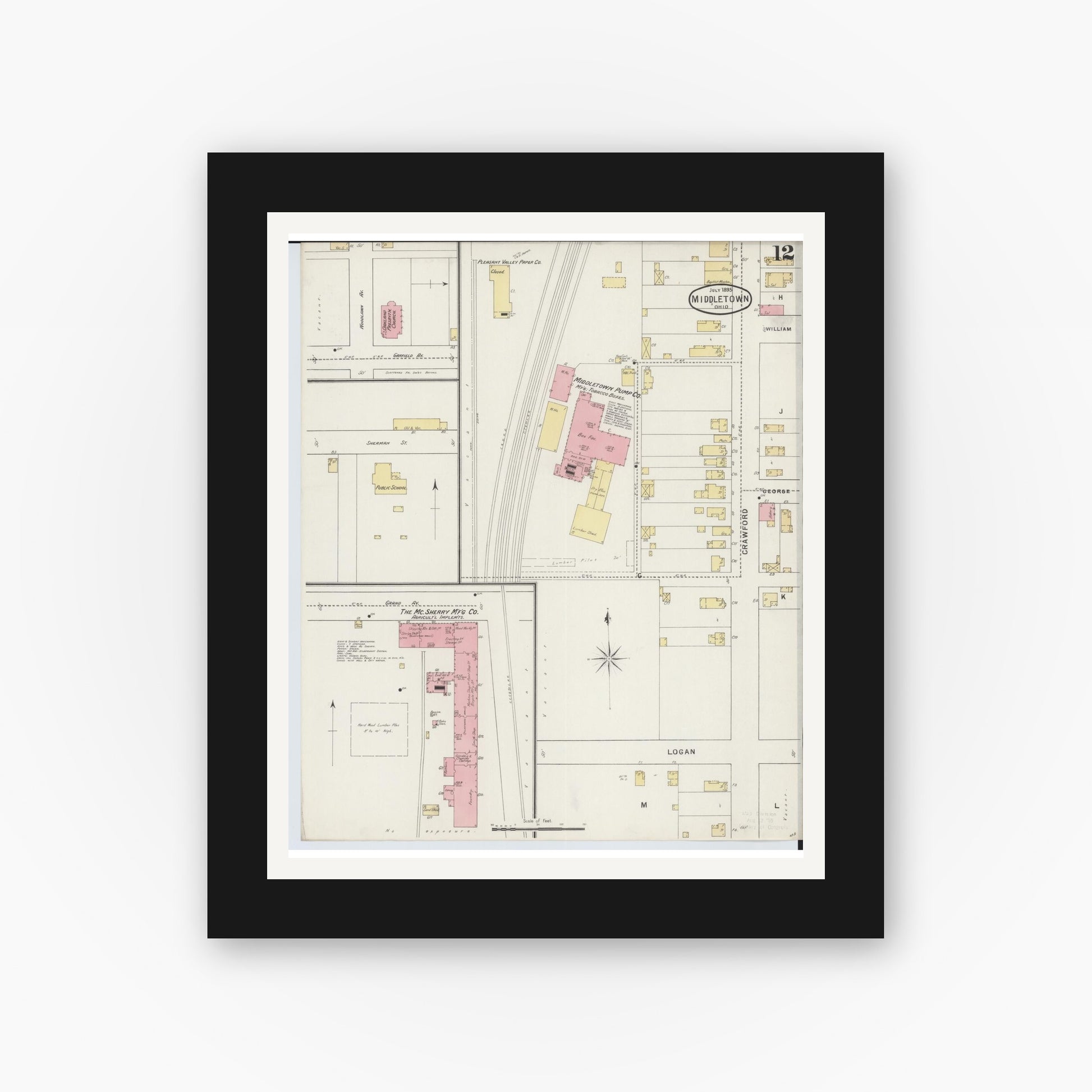 Old map wall art mockup — black gallery frame with white mat — Sanborn Fire Insurance Map from Middletown, Butler County, Ohio (1895), Sheet #0012