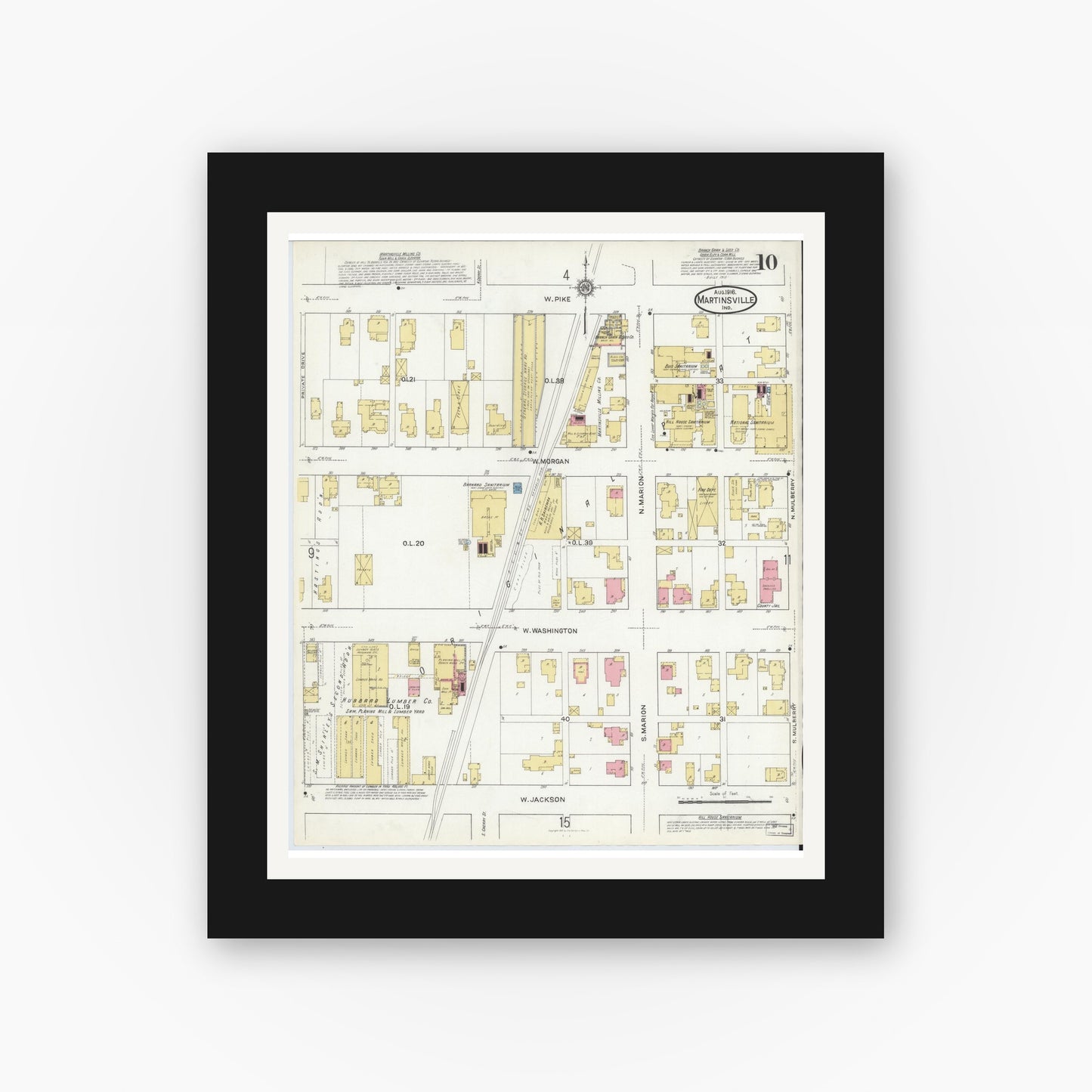 Old map wall art mockup — black gallery frame with white mat — Sanborn Fire Insurance Map from Martinsville, Morgan County, Indiana (1916), Sheet #0010