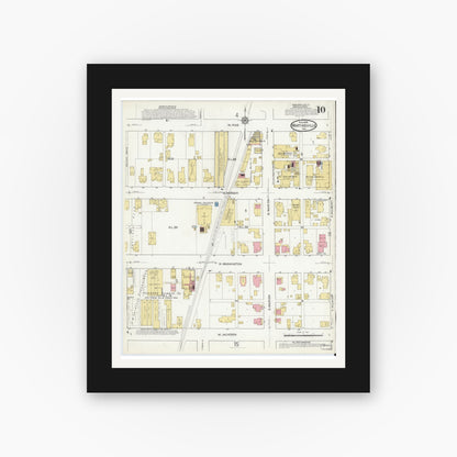 Old map wall art mockup — black gallery frame with white mat — Sanborn Fire Insurance Map from Martinsville, Morgan County, Indiana (1916), Sheet #0010