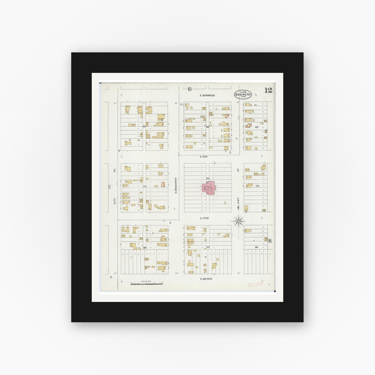 Old map wall art mockup — black gallery frame with white mat — Sanborn Fire Insurance Map from Brainerd, Crow Wing County, Minnesota (1898), Sheet #0012
