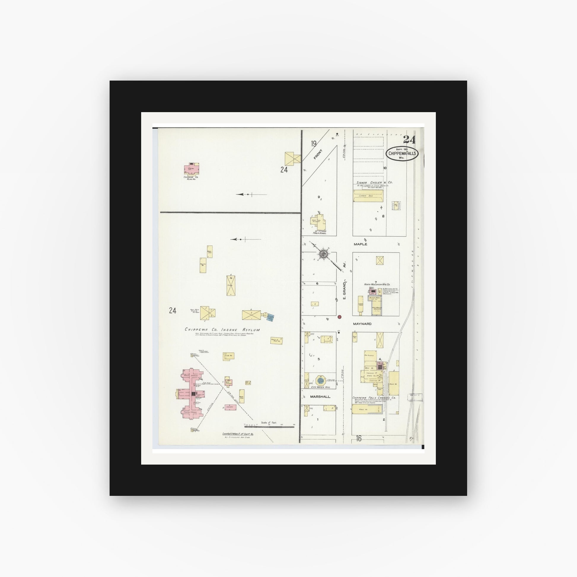 Old map wall art mockup — black gallery frame with white mat — Sanborn Fire Insurance Map from Chippewa Falls, Chippewa County, Wisconsin (1910), Sheet #0024