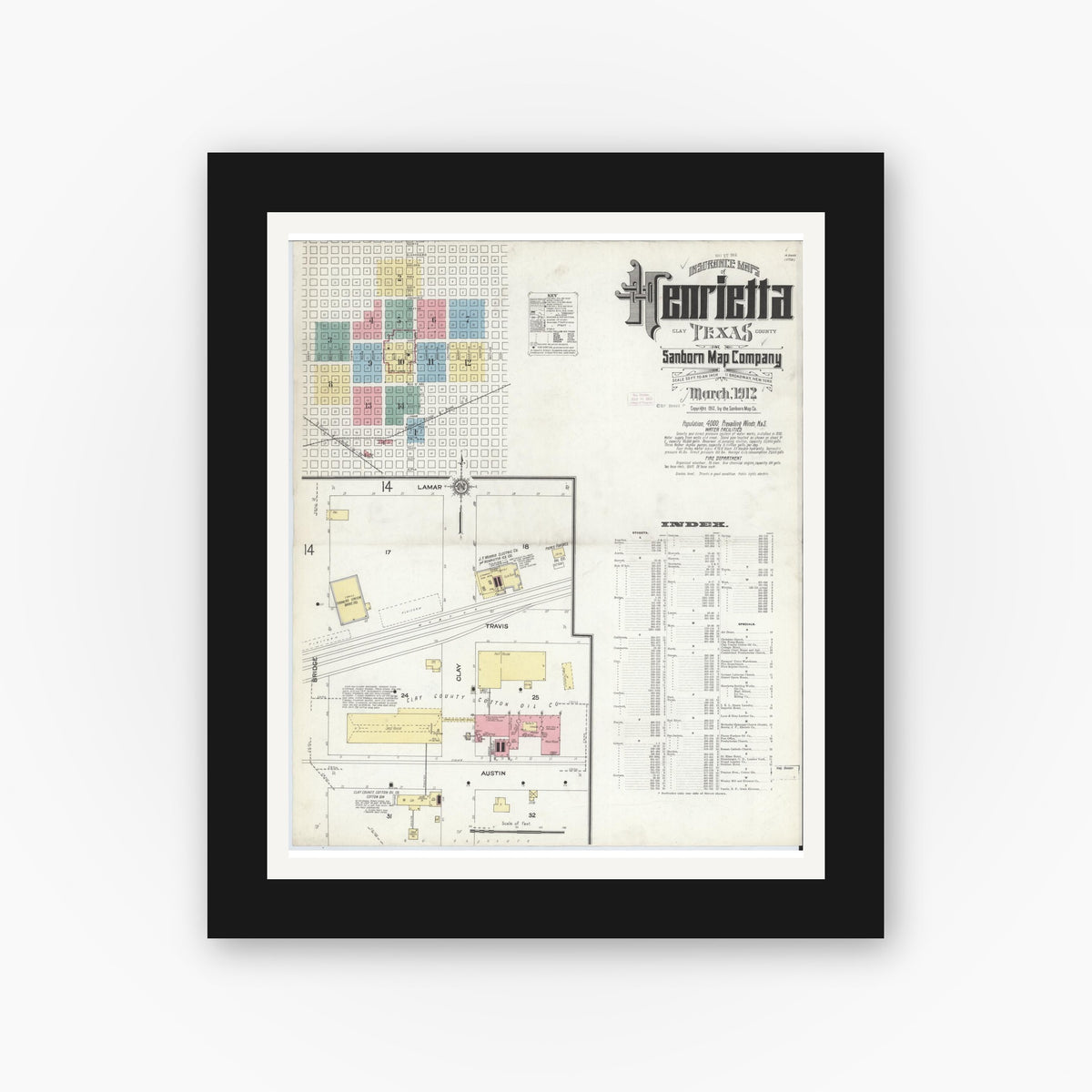 Old map wall art mockup — black gallery frame with white mat — Sanborn Fire Insurance Map from Henrietta, Clay County, Texas (1912) - Complete Map Set