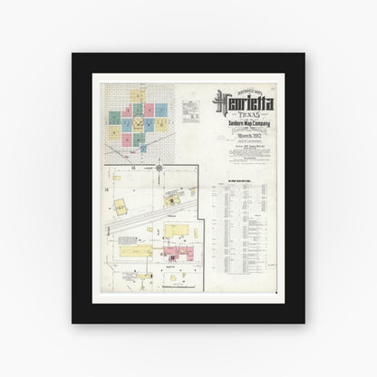 Old map wall art mockup — black gallery frame with white mat — Sanborn Fire Insurance Map from Henrietta, Clay County, Texas (1912) - Complete Map Set