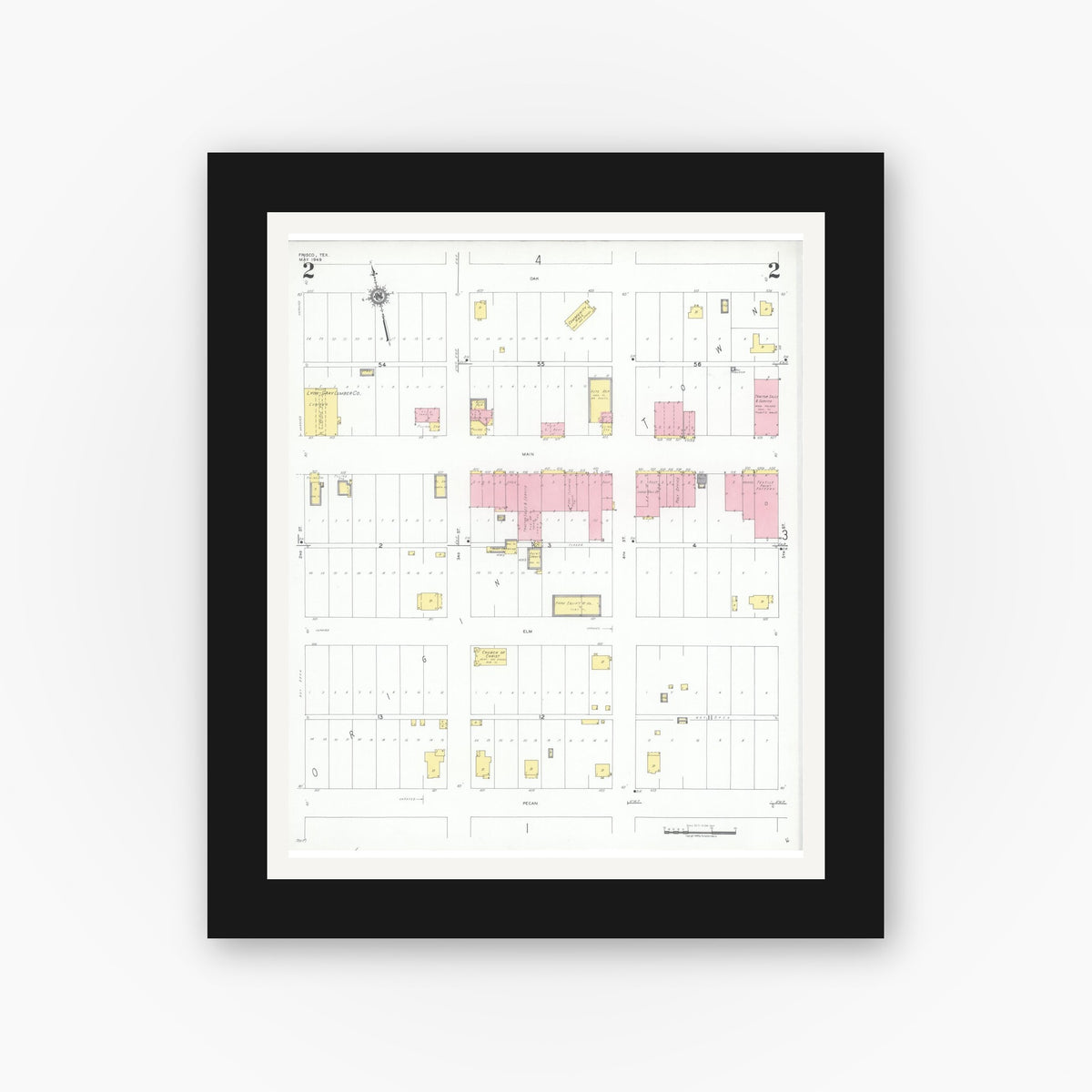 Old map wall art mockup — black gallery frame with white mat — Sanborn Fire Insurance Map from Frisco, Collin County, Texas (1949), Sheet #0002