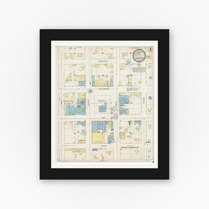 Old map wall art mockup — black gallery frame with white mat — Sanborn Fire Insurance Map from Georgetown, Williamson County, Texas (1894), Sheet #0001