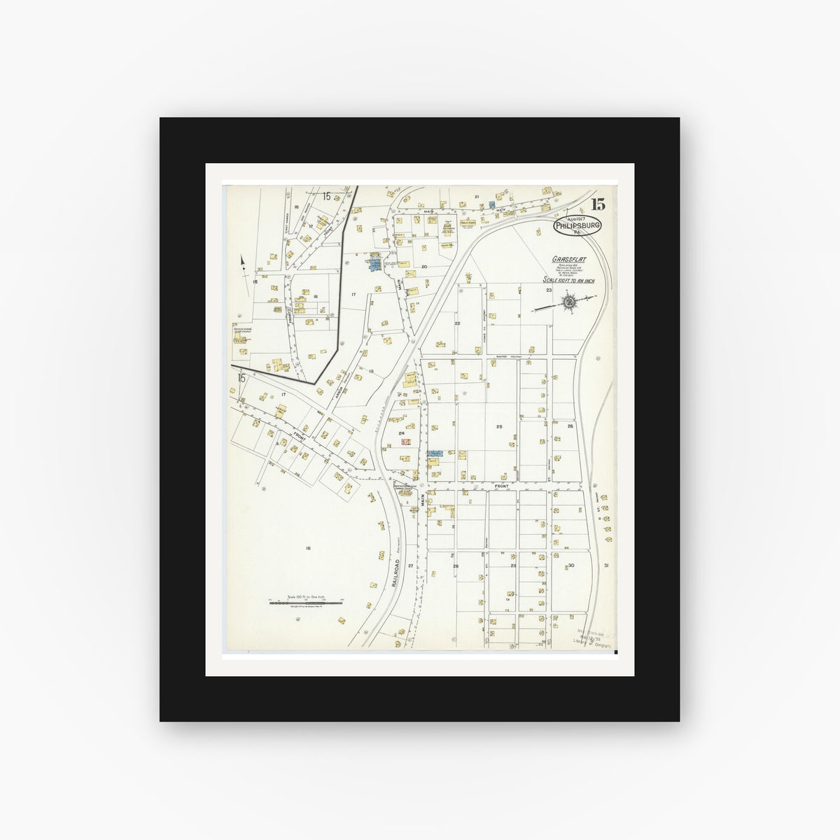 Old map wall art mockup — black gallery frame with white mat — Sanborn Fire Insurance Map from Philipsburg, Centre County, Pennsylvania (1917), Sheet #0015