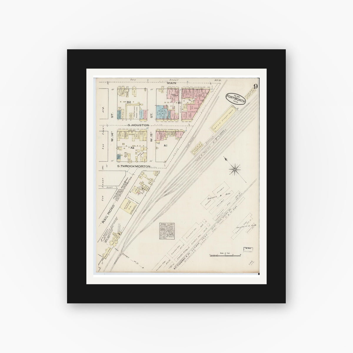 Old map wall art mockup — black gallery frame with white mat — Sanborn Fire Insurance Map from Fort Worth, Tarrant County, Texas (1885), Sheet #0009