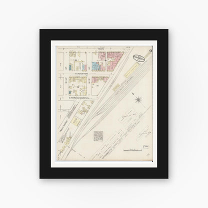 Old map wall art mockup — black gallery frame with white mat — Sanborn Fire Insurance Map from Fort Worth, Tarrant County, Texas (1885), Sheet #0009