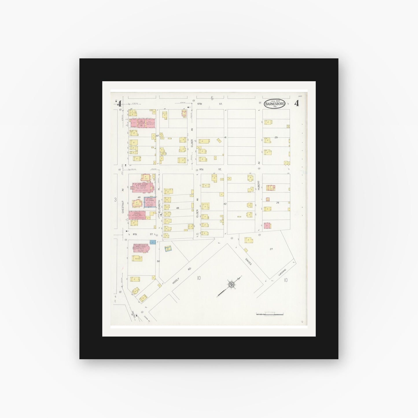 Old map wall art mockup — black gallery frame with white mat — Sanborn Fire Insurance Map from Barnesboro, Cambria County, Pennsylvania (1930), Sheet #0004
