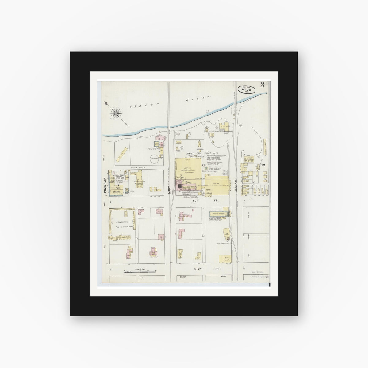 Old map wall art mockup — black gallery frame with white mat — Sanborn Fire Insurance Map from Waco, McLennan County, Texas (1889), Sheet #0003