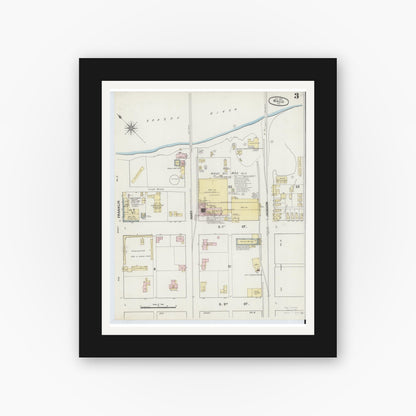 Old map wall art mockup — black gallery frame with white mat — Sanborn Fire Insurance Map from Waco, McLennan County, Texas (1889), Sheet #0003