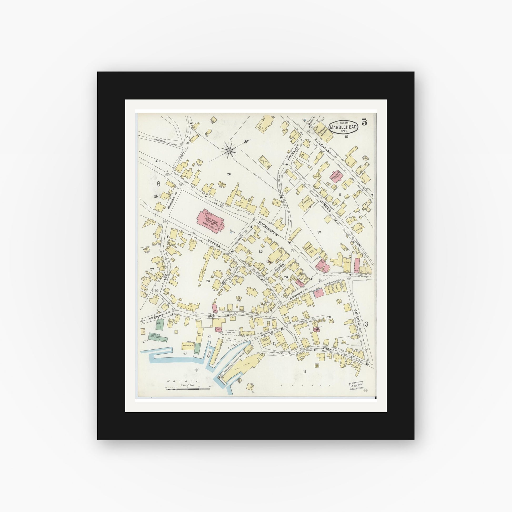 Old map wall art mockup — black gallery frame with white mat — Sanborn Fire Insurance Map from Marblehead, Essex County, Massachusetts (1896), Sheet #0005