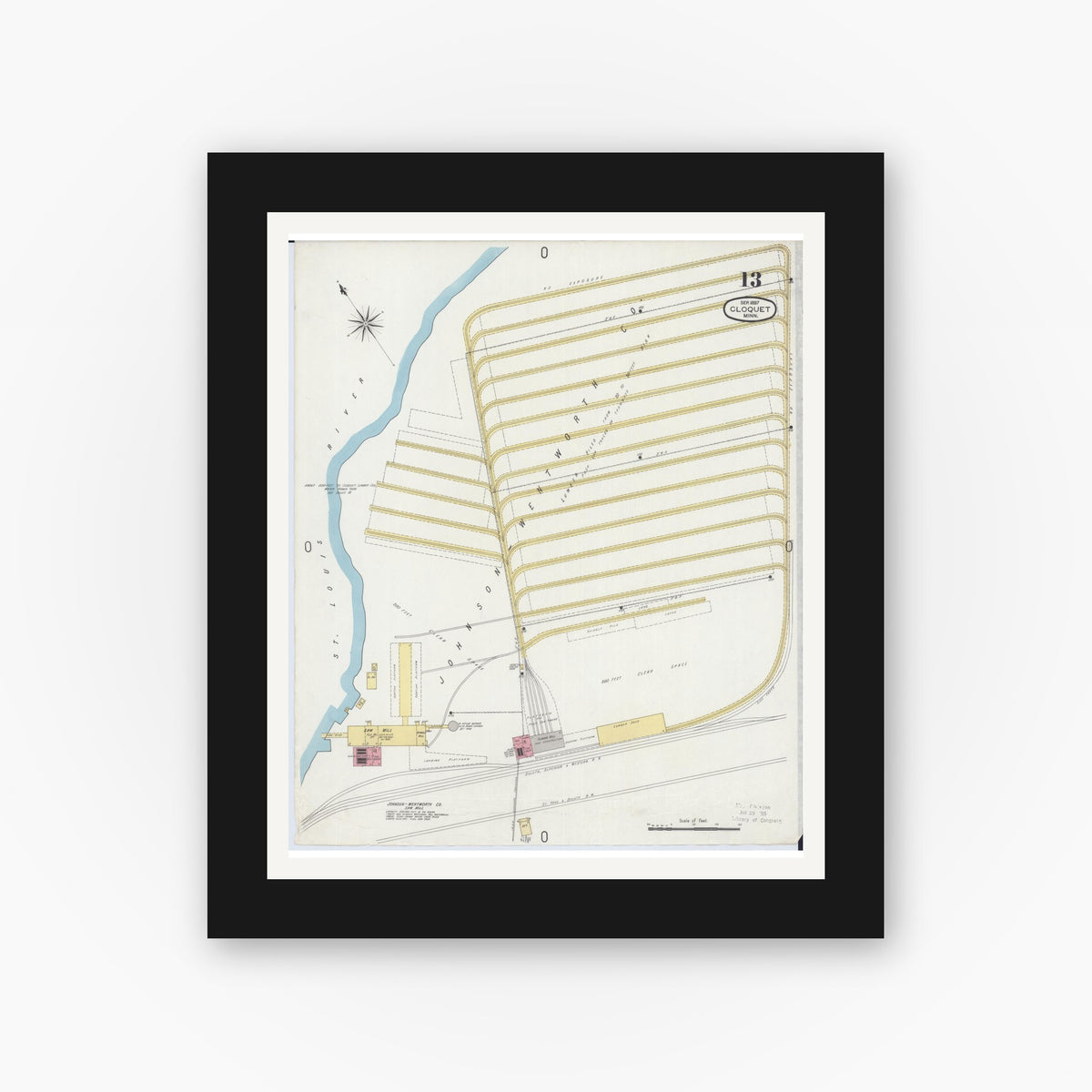 Old map wall art mockup — black gallery frame with white mat — Sanborn Fire Insurance Map from Cloquet, Carlton County, Minnesota (1897), Sheet #0013